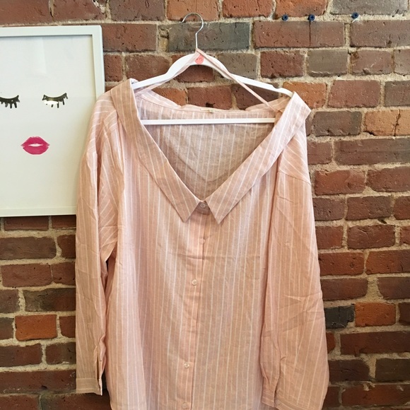 Tops - Pink Off the Shoulder Cotton Boyfriend Shirt